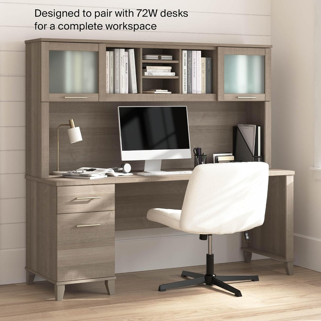 Bush Home 72-Inch Desk Hutch, Office Storage Organizer with Shelves, Cubbies and Frosted Glass Doors for Computer Desk, Home Office Furniture, Somerset Collection, Ash Gray