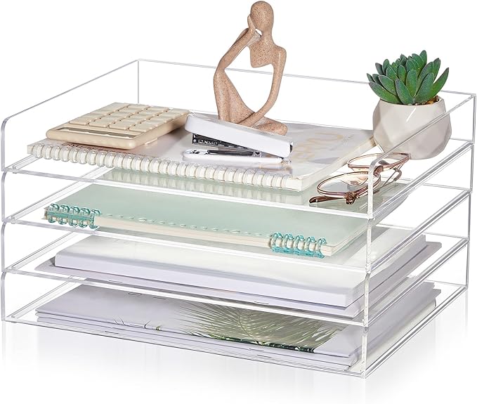 Harloon 4 Tier Acrylic Paper Tray 13 x 10 x 1.7 Inches Stackable Letter Clear by Muasung