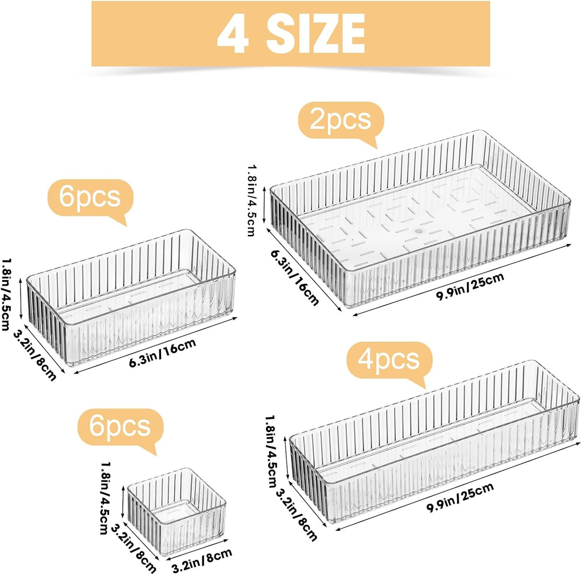Teenyyou 18 Pcs Stackable Acrylic Drawer Organizer, 4 Size, Clear, Stripes