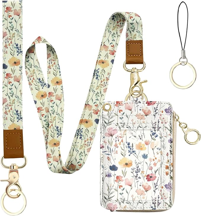 bolimoss 2-in-1 ID Badge Holder & Lanyard Wallet, Cute Florals Leather ID Badge by BOLIMOSS