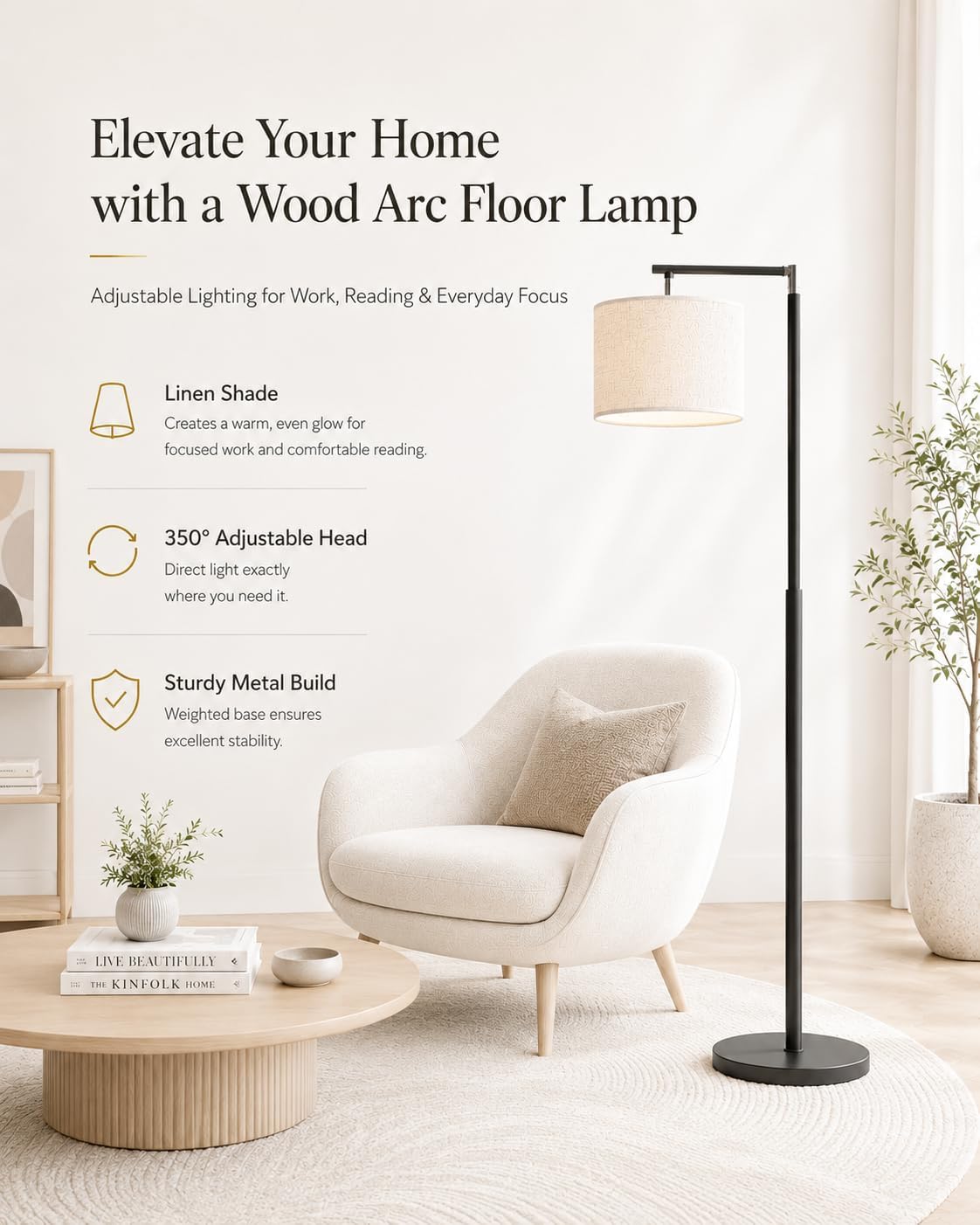 GERGO Modern Arc Floor Lamp for Living Room, Adjustable Linen Shade, Black