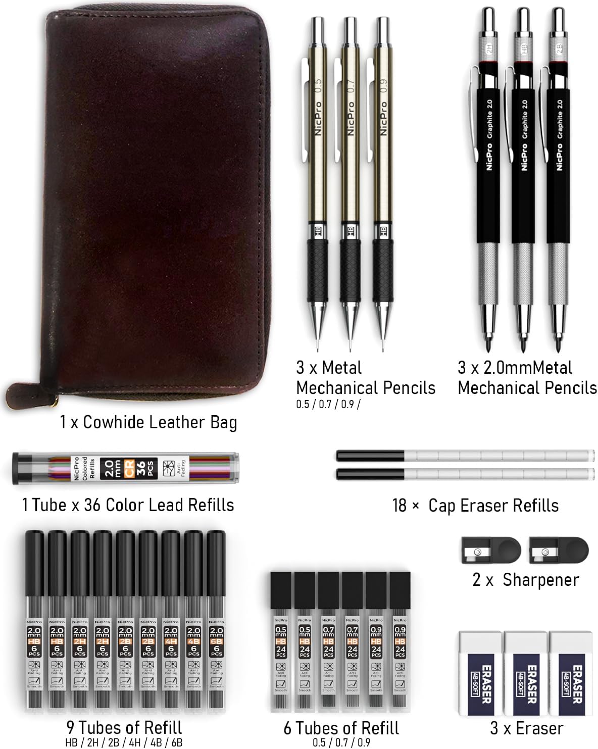 nicpro 30pcs art mechanical pencil set in leather showing dimensions