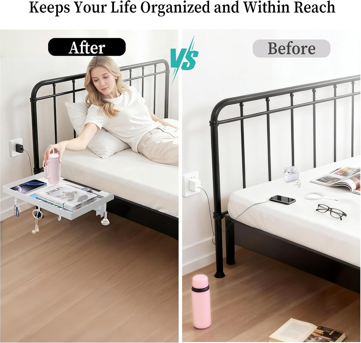 Foldable Bedside Shelf, Metal Clip-On Bed Tray Table for Bunk Bed & Dorm ...
