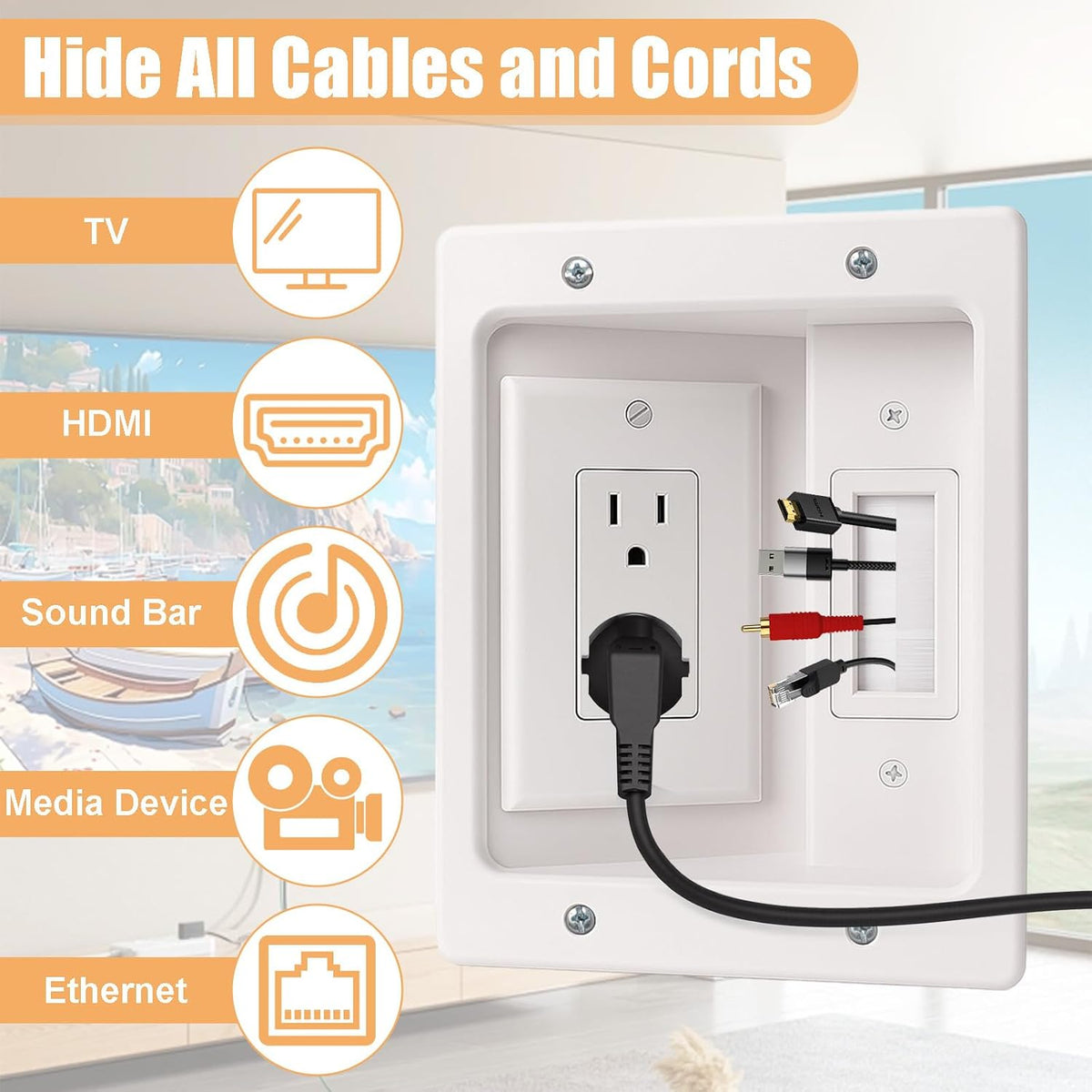 in-Wall TV Cable Management Kit with Recessed Dual AC Outlet, 9FT Extension C...