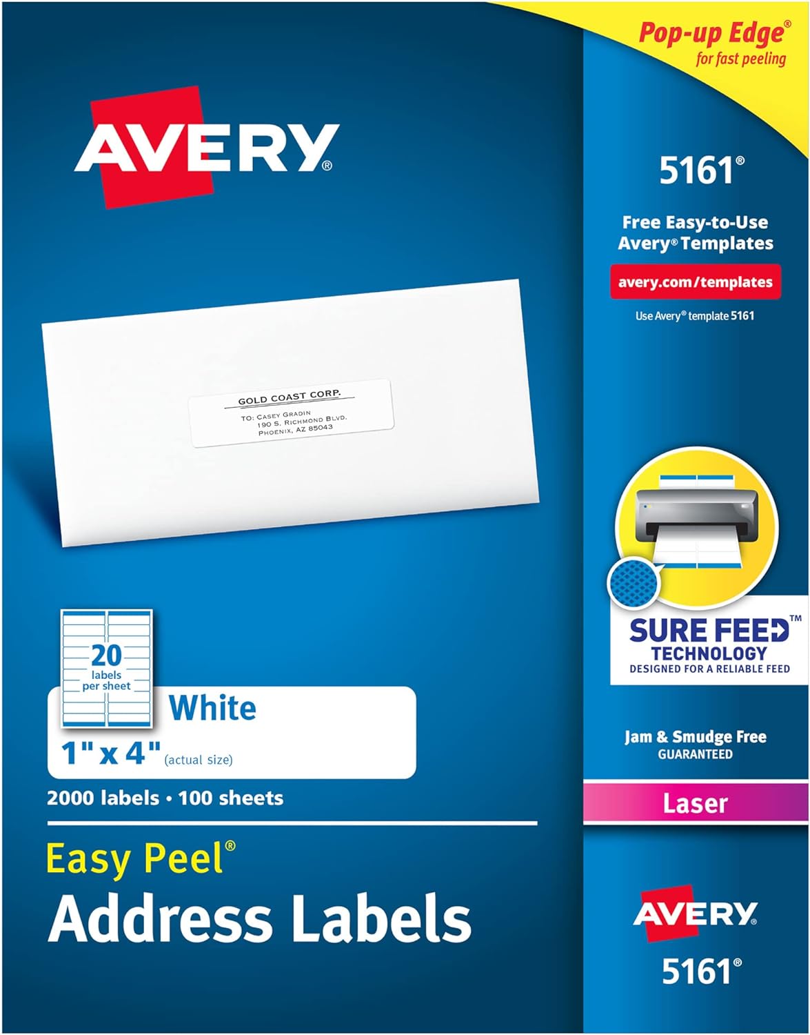Avery® Easy Peel Printable Address Labels with Sure Feed®, 1" x 4", White, 2,000 Blank Mailing Labels for Laser Printers (5161)