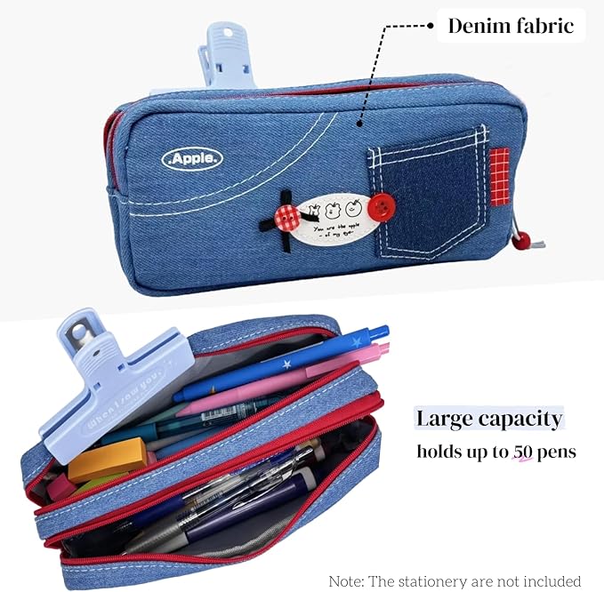 Haumei Canvas Pencil Case Large Capacity, Big Denim Pen Pouch - Image 3