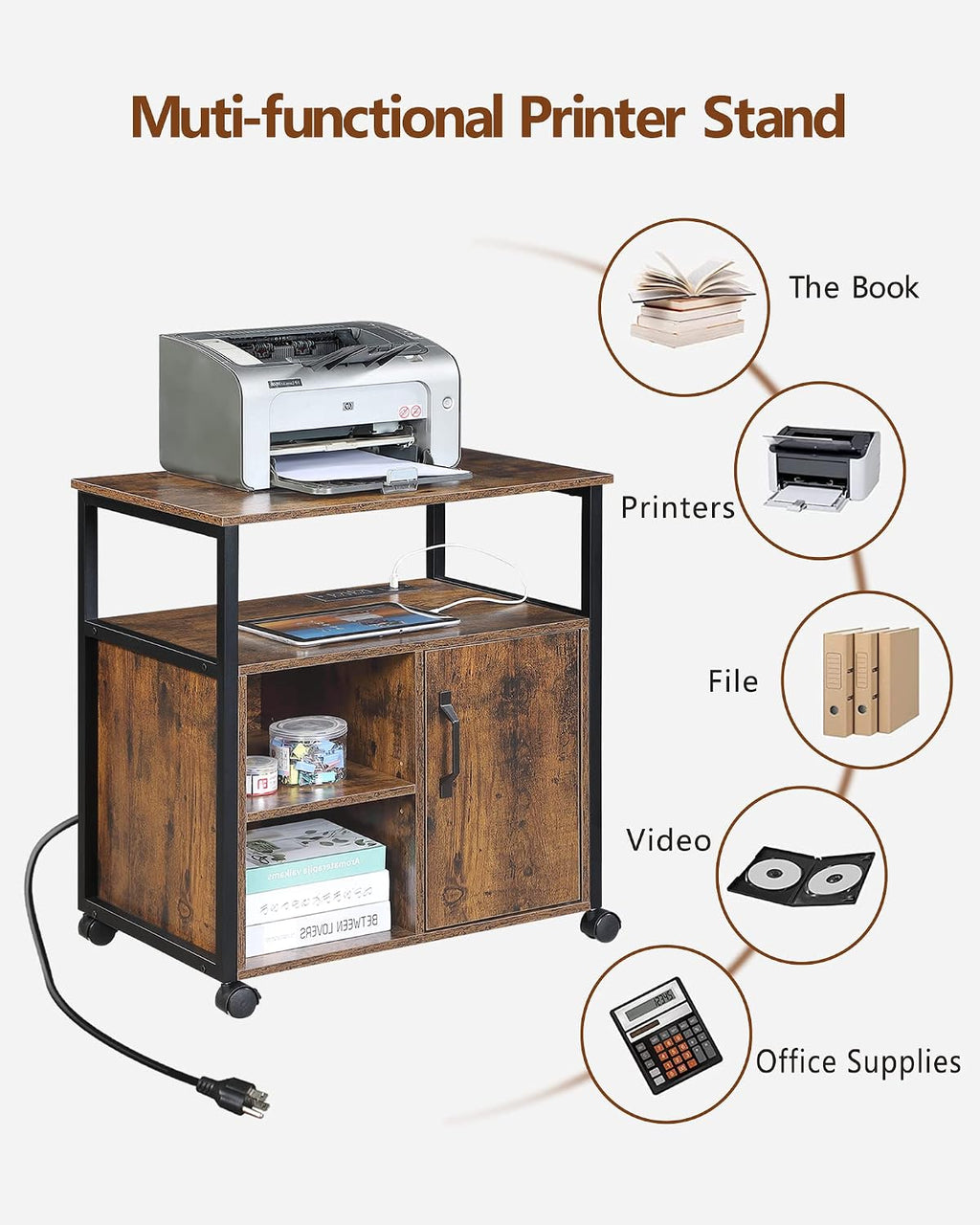 Lateral File Cabinet,Office Filing Cabinets with Socket and USB Charging Port,Modern Rolling Printer Stand with Storage for A4, Letter Size and File Folders,for Home Office, Rustic Brown