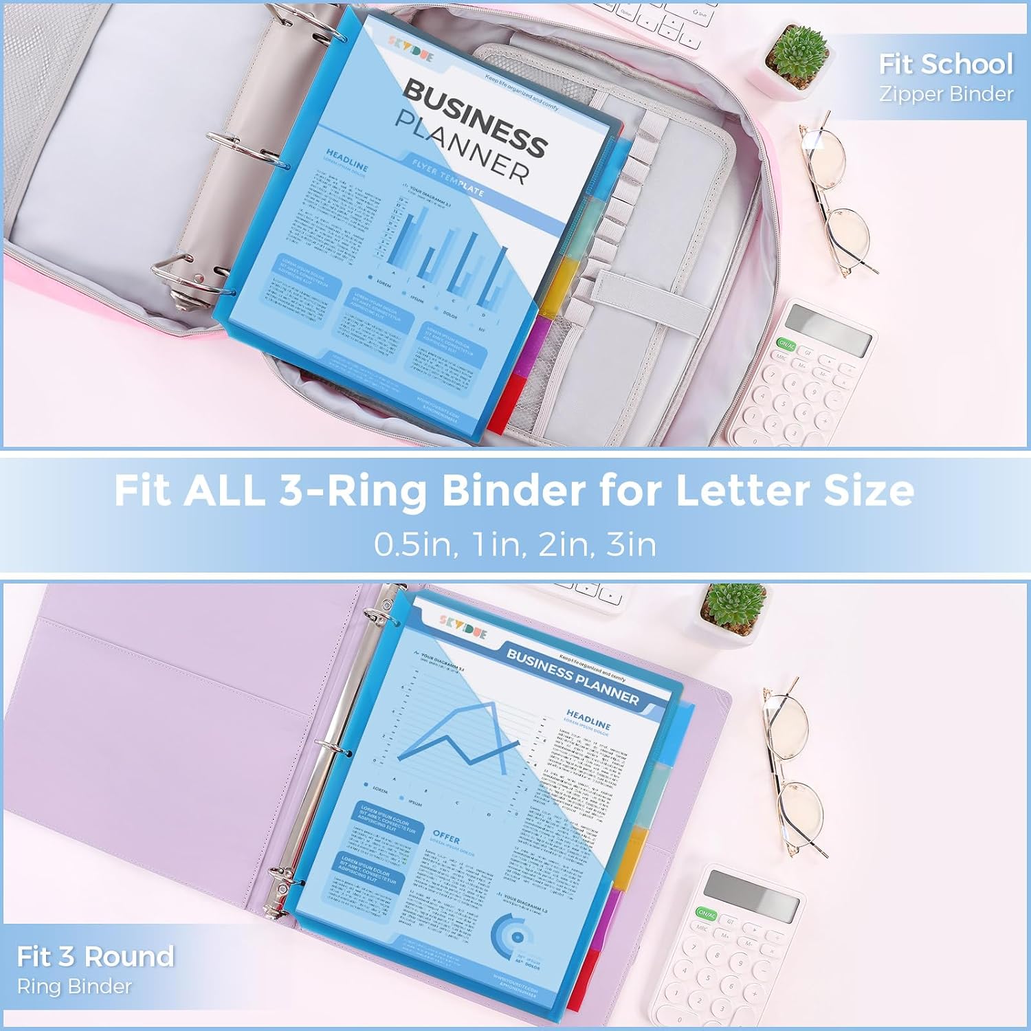 SKYDUE Binder Dividers with Two Pockets, 3Sets, 5 Tabs Dividers for 3 Ring Binder, Plastic Binder Dividers with Tabs for School, Office, and Home Organization