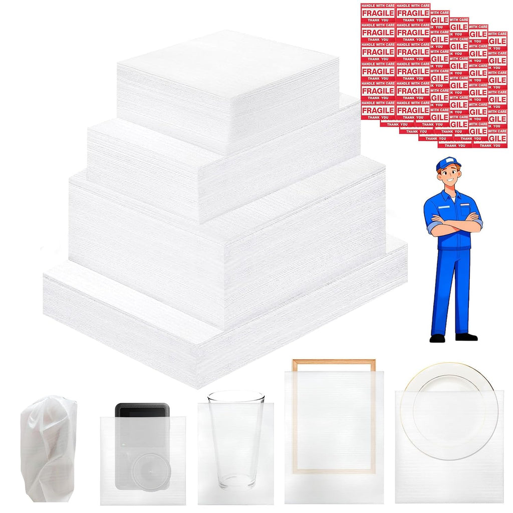 260 pcs Moving Packaging Supplies Set, 200 pcs Cushioning Foam Pouchs&Sheets, 4 Sizes (12"x12",12"x12" Sheets,12"x7.5",7.5"x7.5") With 60 Fragile Stickers,For Moving,Packaging,Storage