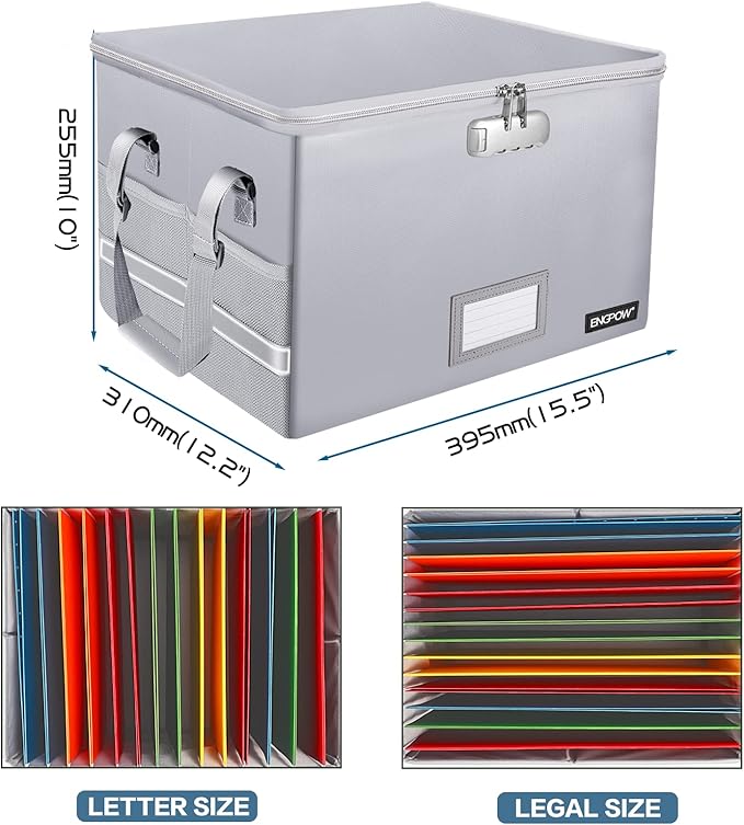 ENGPOW File Box with Lock, Fireproof Document Box with Zipper＆Pockets, - Image 4