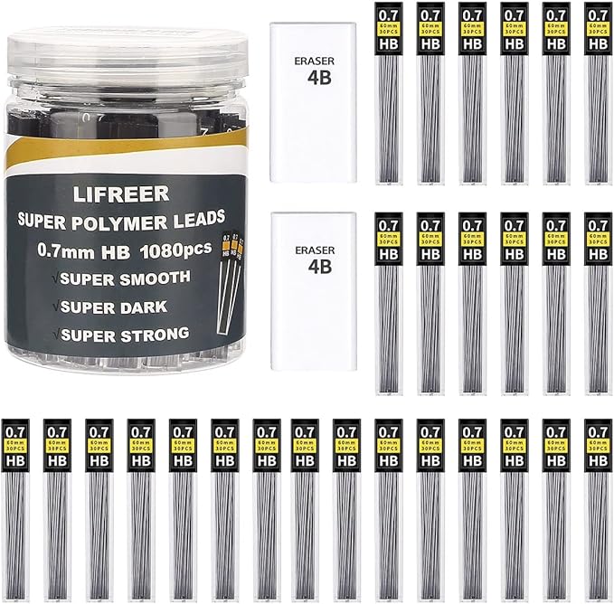 Lifreer 0.7 Lead Refills, Unbreakable 0.7 mm Lead Refills and 2 Premium Erasers by Lifreer