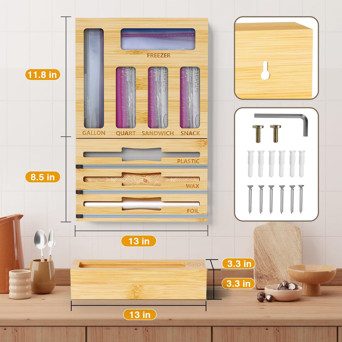 DALSHABET 9-in-1 Bamboo Kitchen Drawer Organizer for Storage Bags and Wrap