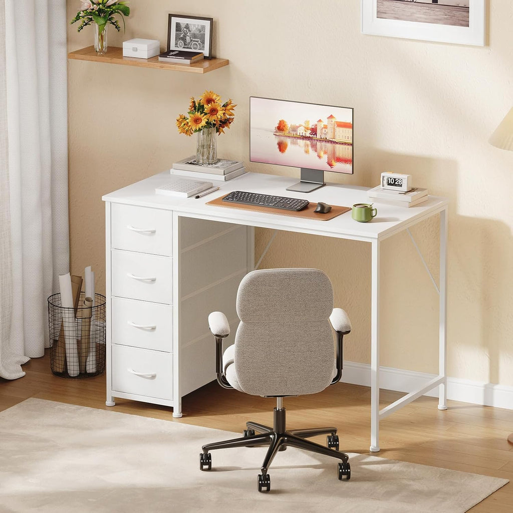 Somdot Small Computer Desk with 4 Drawers for Bedroom, Home Office Desk | 39 Inch Simple Writing Desk,Study Table with Storage Drawers for Home Office, Study, Living Room and Small Spaces, White