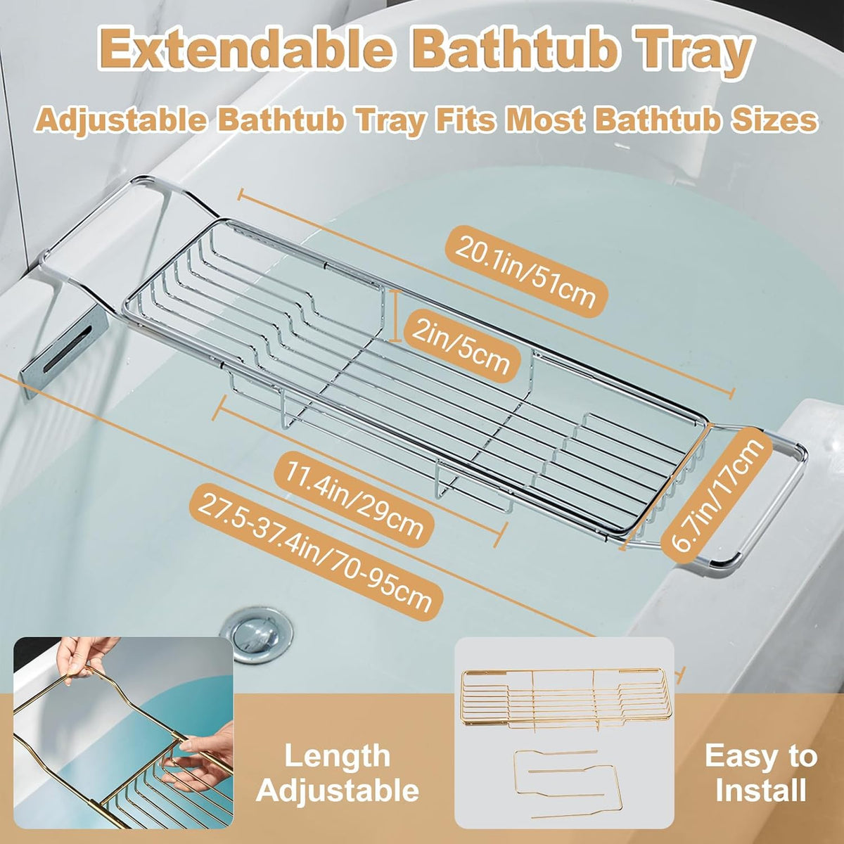 Stainless Steel Bathtub Caddy Tray, Expandable Bath Tub Tray Table, Adjustabl...