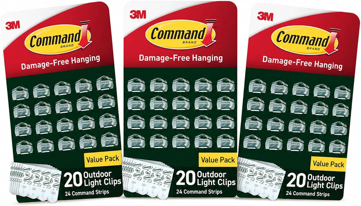 Command Outdoor Light Clips, Clear, 3 Pack, 60 Total with 72 Strips