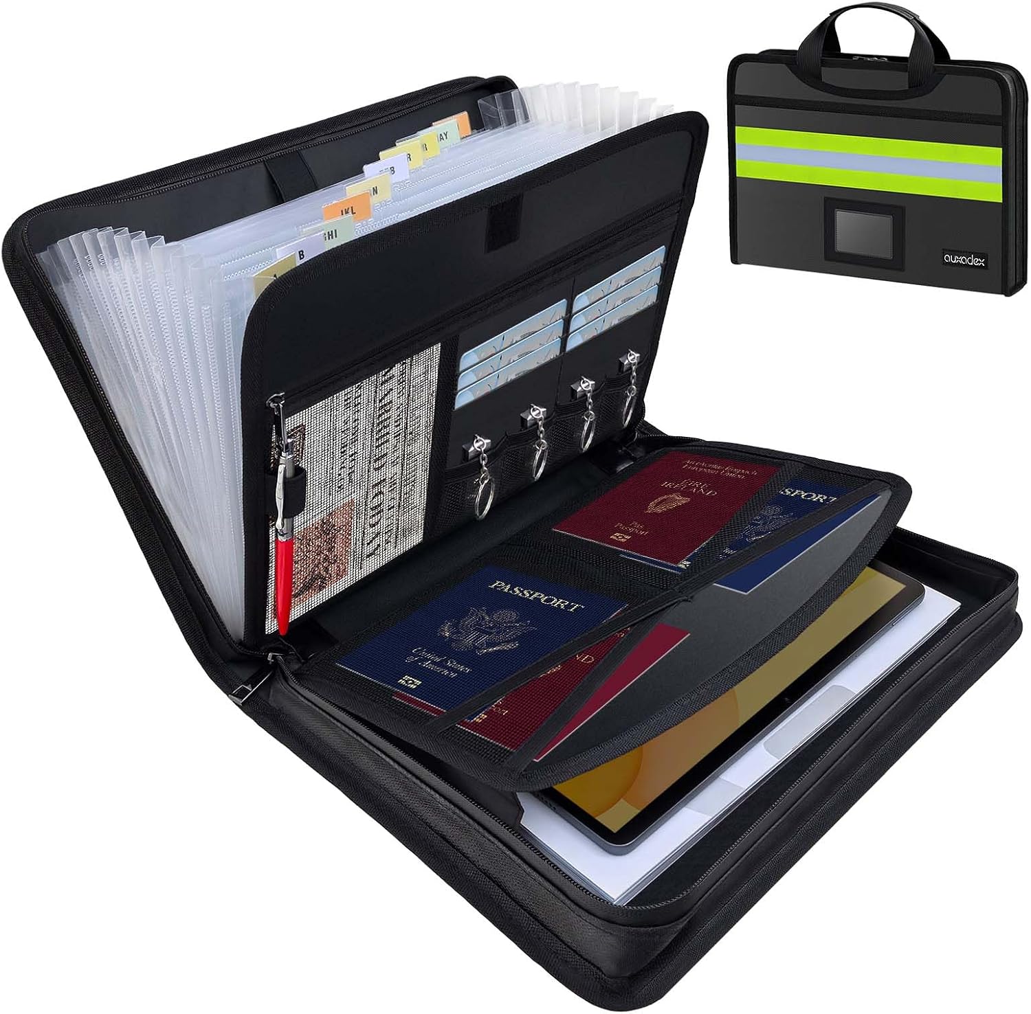 Fireproof Accordion Document Bag, Water-Resistant File Organizer, 12 Pockets 2200F, with Reflective Strip, Fire Safe Storage for A4 Letter and Other Sizes Important Documents - Black