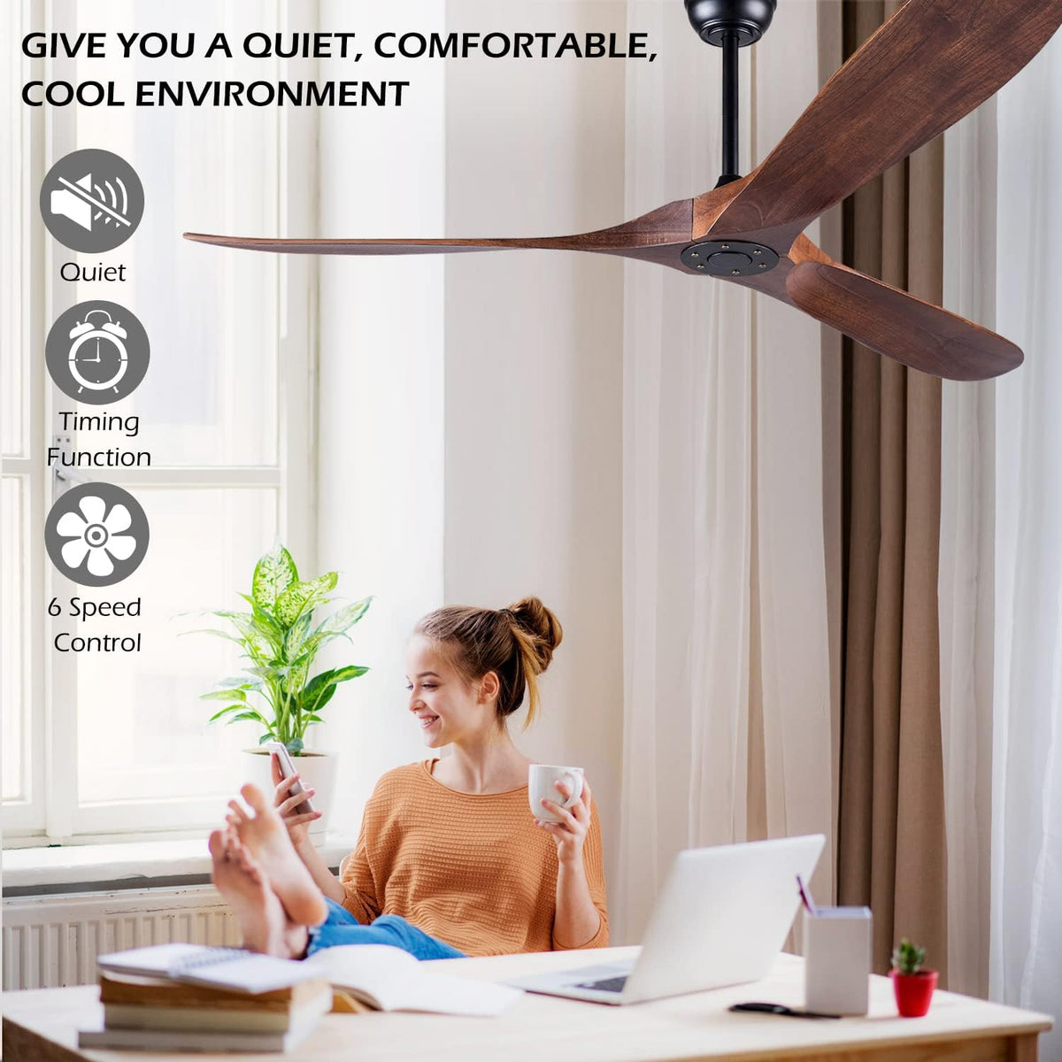 60 inch ceiling fan without light ，wood indoor, side view