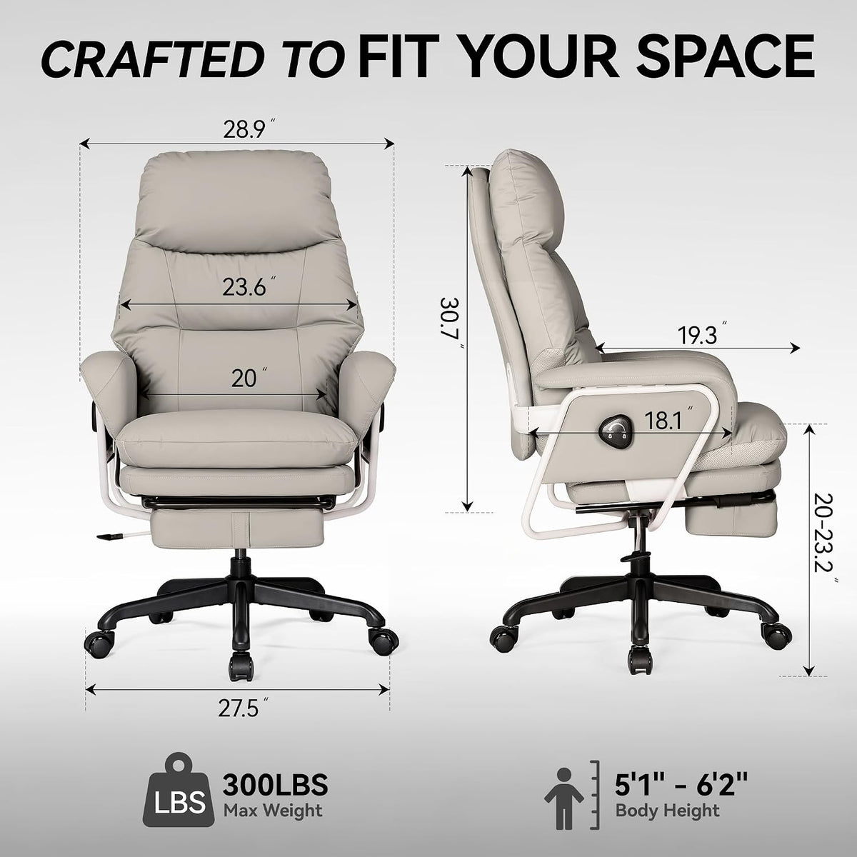 180° Reclining Office Chair with Footrest, PU Leather, Gray