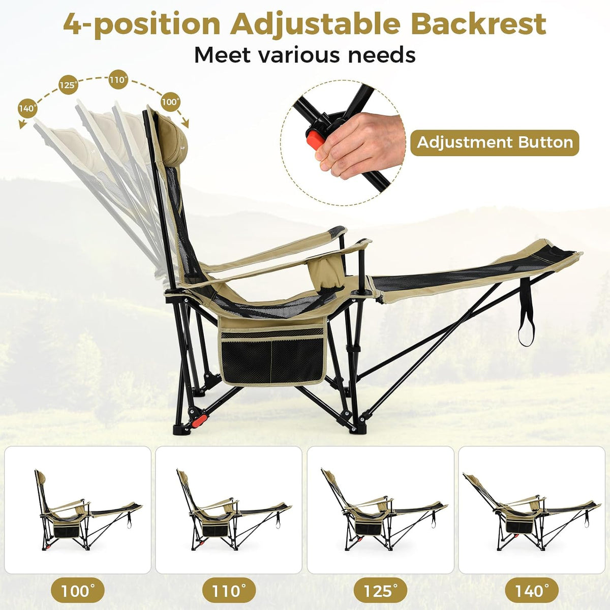 Goplus Camping Lounge Chair w/Detachable Footrest, Folding Beach Chair w/4-po...