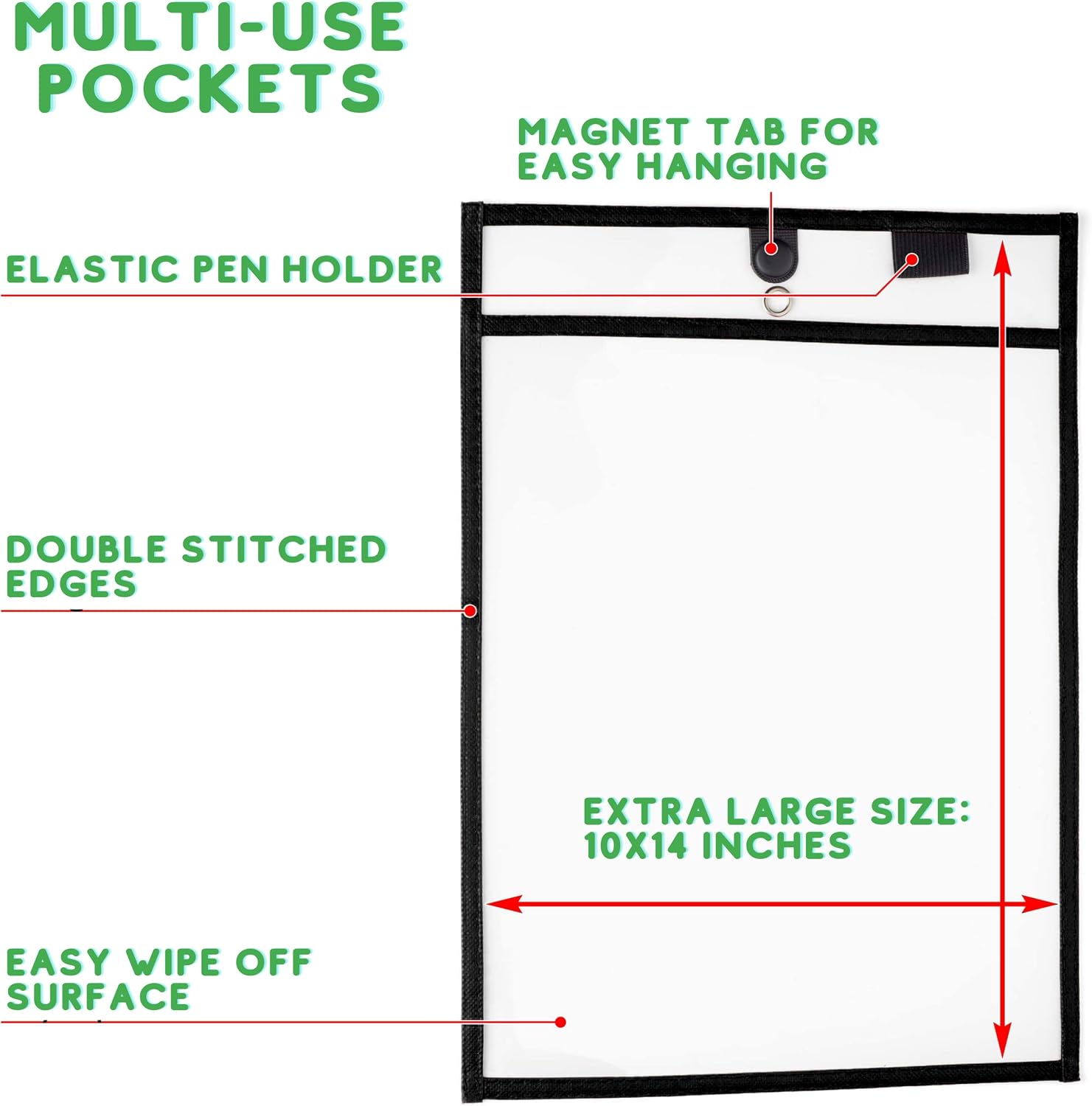 Magnetic Dry Erase Pockets by Two Point (30-Pack) - Portrait - Black Dry Erase Pocket Sleeves, Job Shop Ticket Holders, Clear Paper Sleeves Protector, Magnetic Pouch