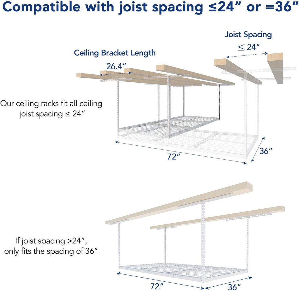 fleximounts 3x6 overhead garage storage adjustable ceiling rack showing dimensions