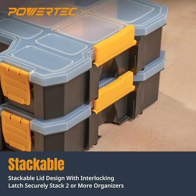 POWERTEC Small Parts Organizer & Tool Box – 14 Compartments, Stackable Storage - Image 4
