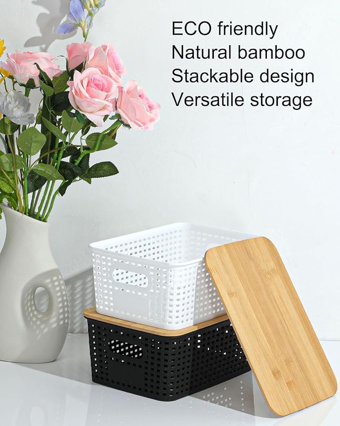 6 Pack Storage Bins with Bamboo Lids, Plastic Storage Baskets and Storage - Image 6