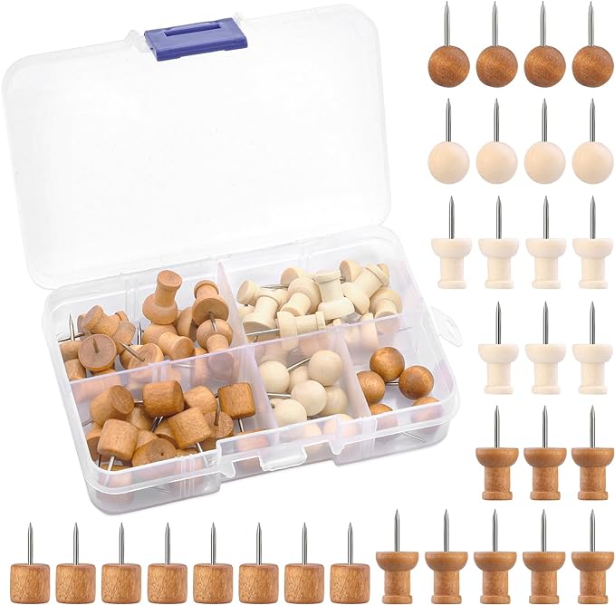60 Pcs Wood Push Pins, 2 Colors and 5 Types Decorative Thumb Tacks Wooden Head by Imzay