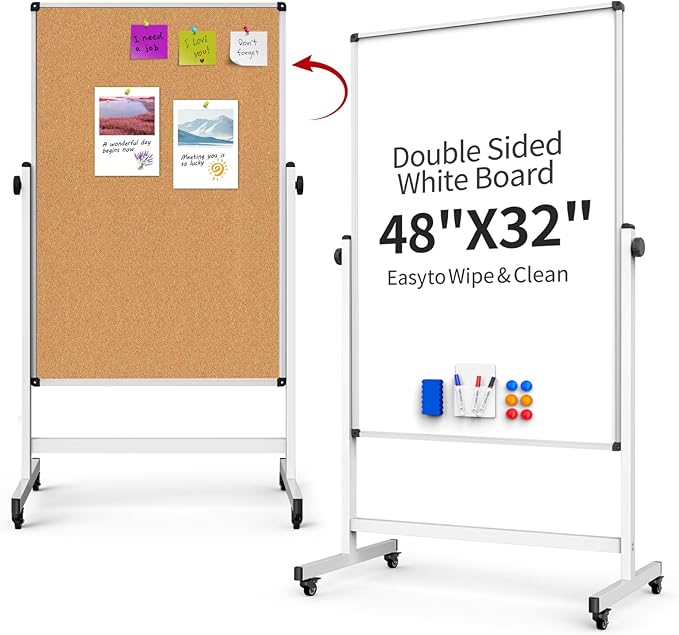 Double-Sided Corkboard Whiteboard, 32 x 48 Inches Dry Erase Board on Wheels by UIFER