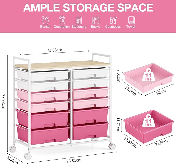 Rolling Storage Cart with 12 Drawers, Wooden Tabletop Utility Cart - Image 3