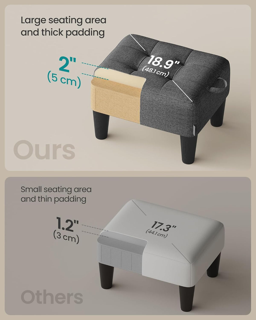 songmics foot stool, small linen-look fabric ottoman with, side view
