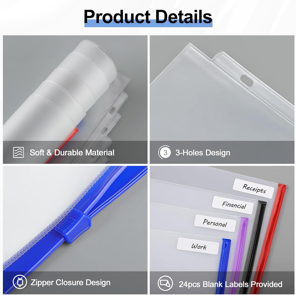 KTRIO 24 Pack Binder Pockets, 8.5 x 11 Colored Zipper Pouches for Binders | Thickened PVC Document Folders, 3 Holes Pre-Punched Fits Standard Binder Letter-Size Paper Storage, Business Office Supplies