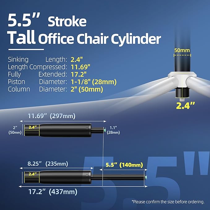 9 Inches to 15 Inches Short Office Chair Cylinder Replacement, 5.5" Stroke - Image 2