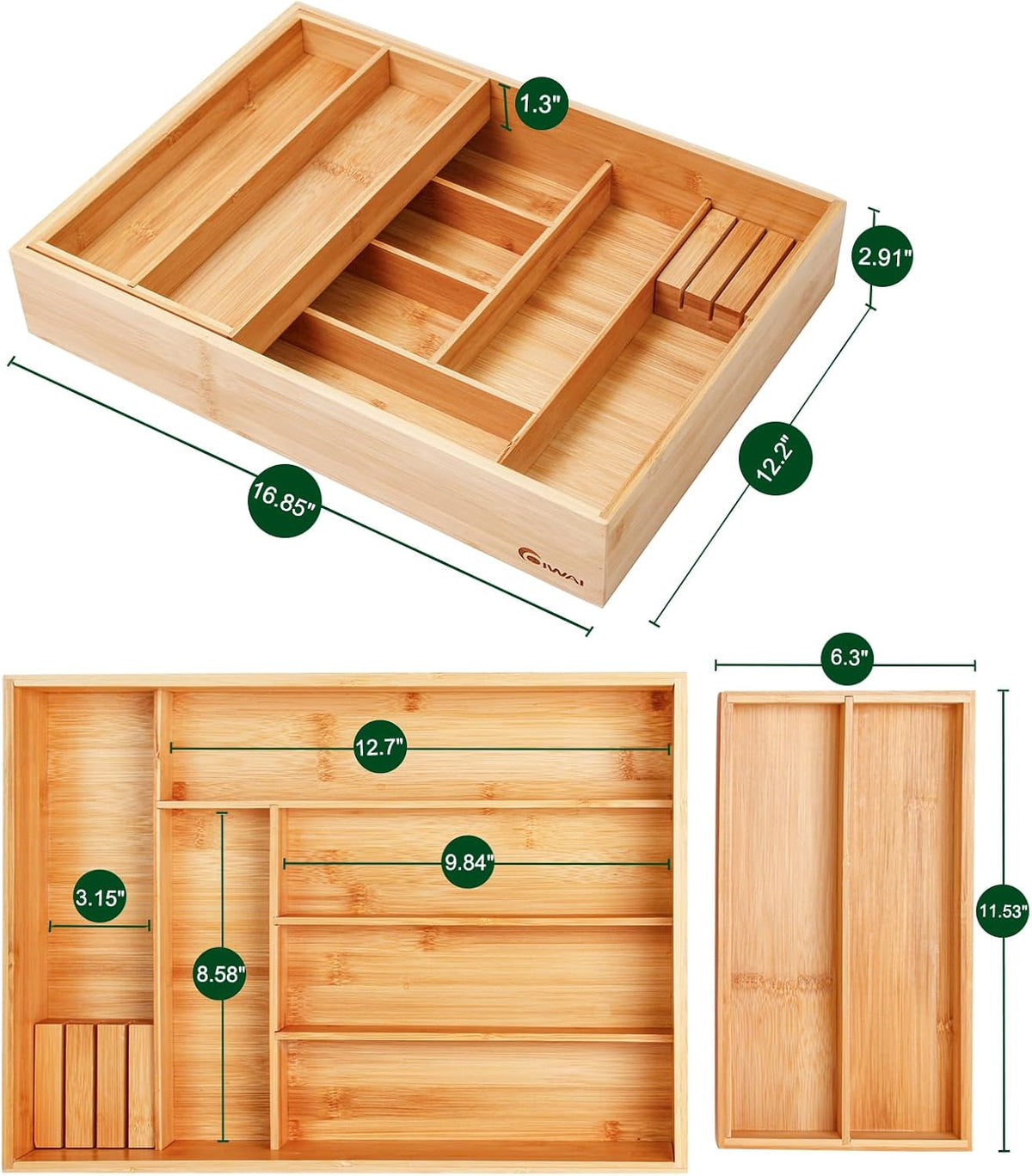 COIWAI Two tier Bamboo kitchen Drawer Organizer Cutlery Utensil Silverware Or...