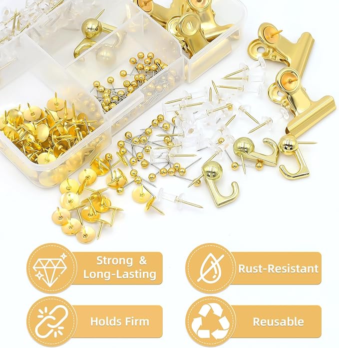 Gold Push Pins Set, 5 Styles Office Pushpins Set in Storage Box - Image 9