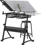 Fusion Drafting Table with Stool, Height Adjustable Desk with Tilt Top, Charcoal / White