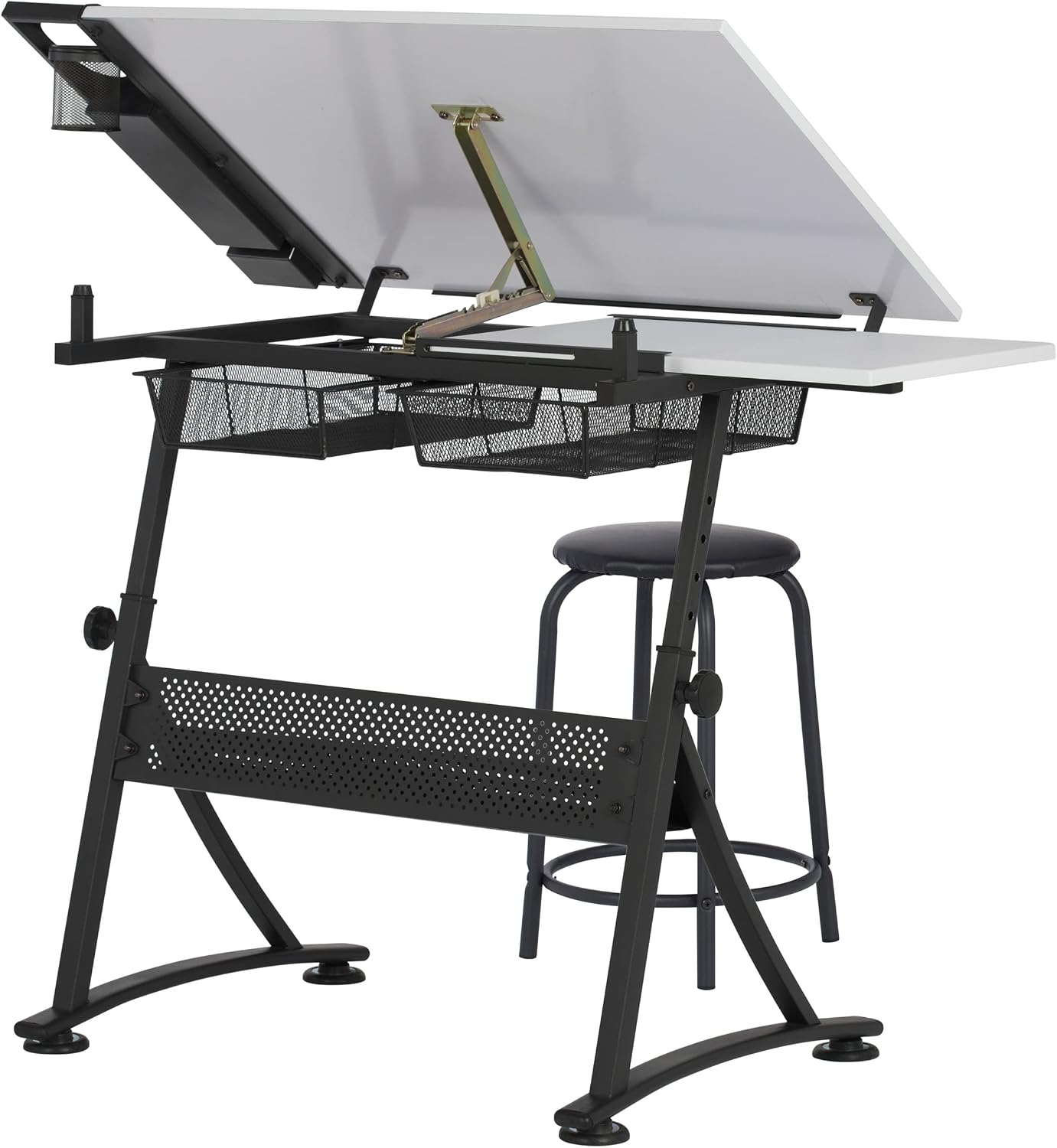 Fusion Drafting Table with Stool, Height Adjustable Desk with Tilt Top, Charcoal / White