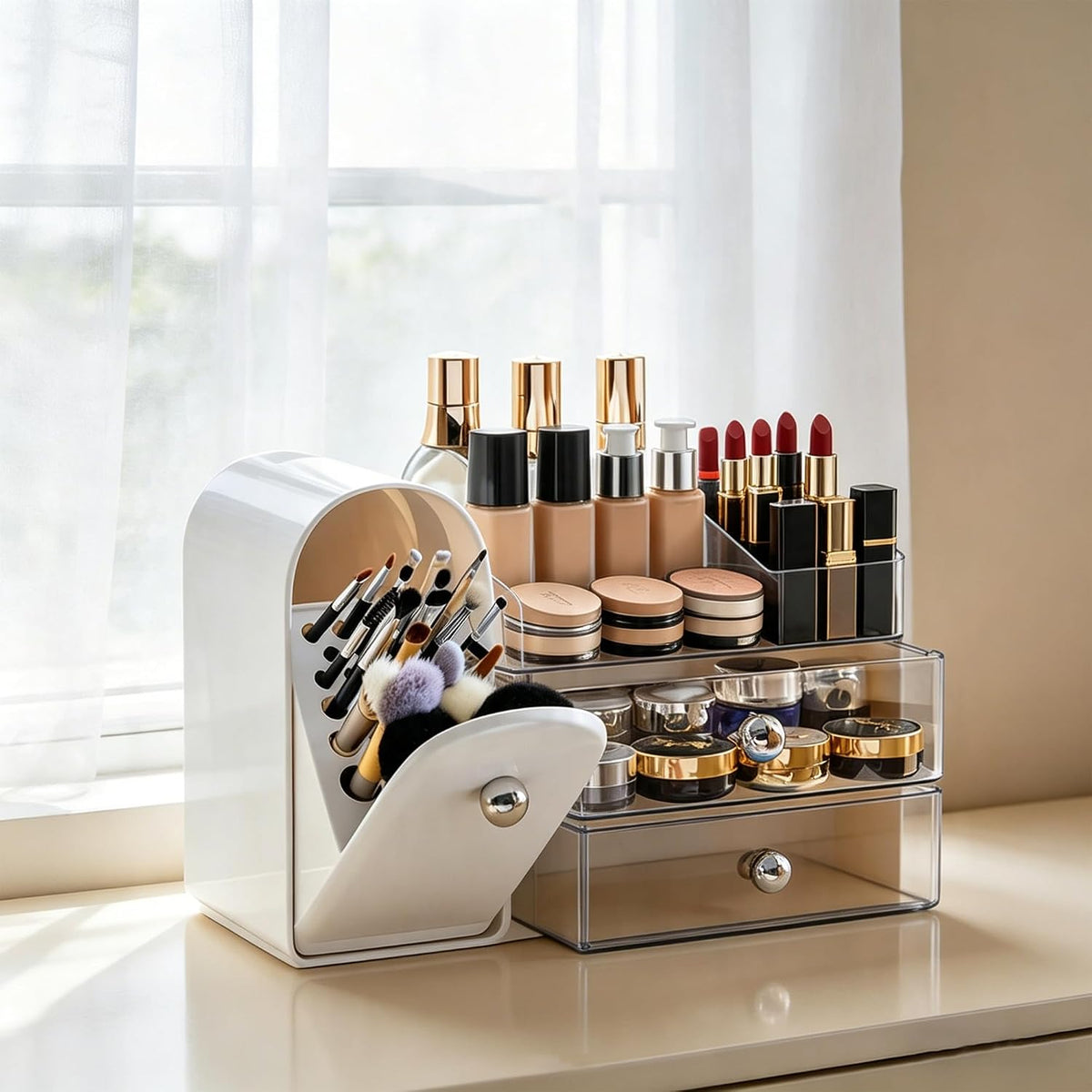Makeup Organizer with Makeup Brush Holder, 2 Drawer, White