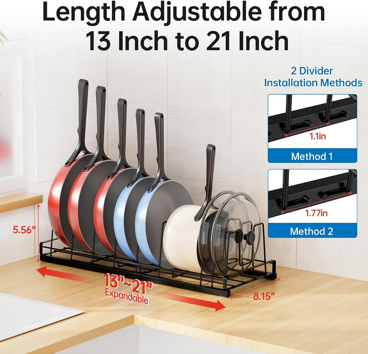 Expandable Food Container Lid Organizer with 9 Adjustable Dividers