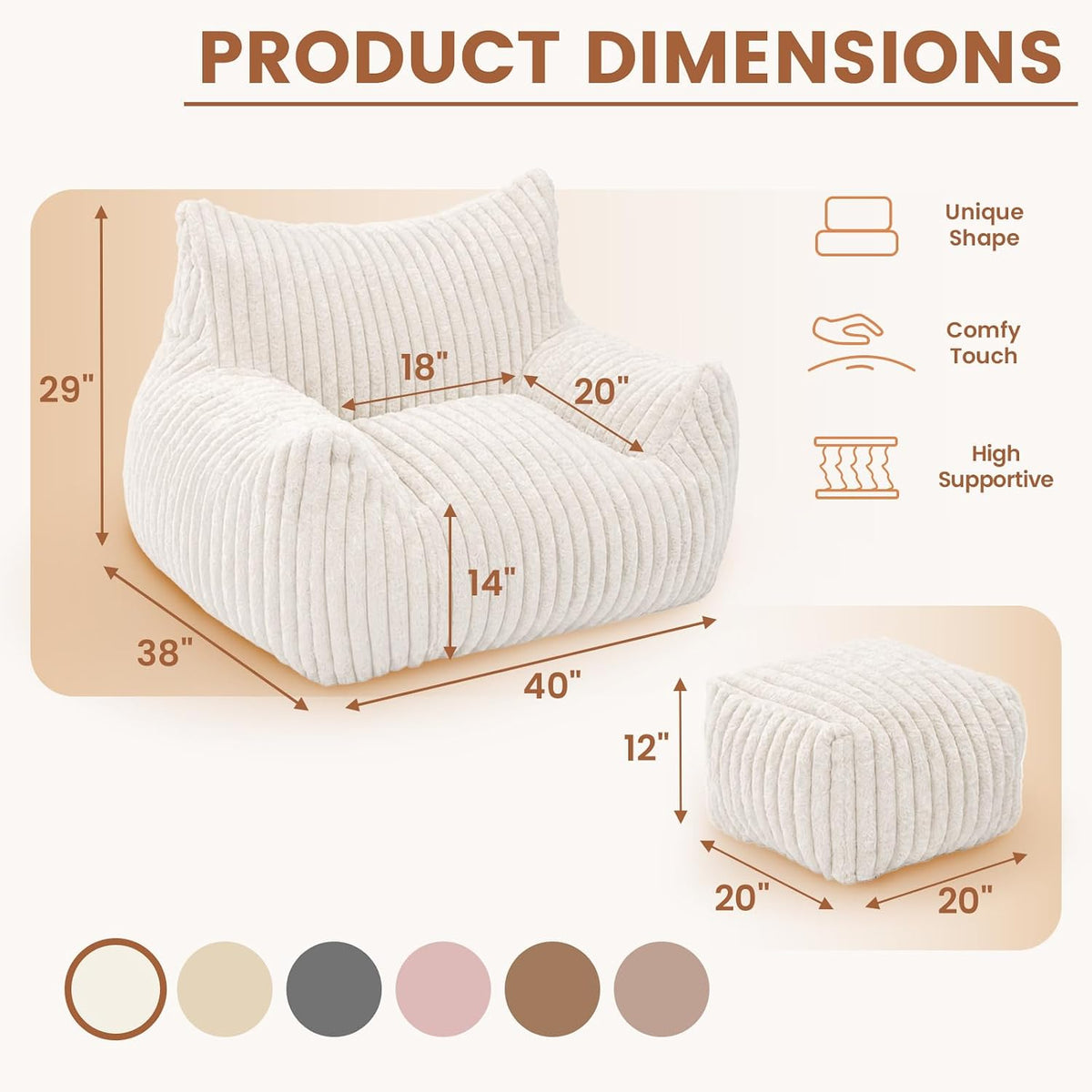 WSOFRLAC Giant Plush Bean Bag Chairs, Cozy Fluffy Single Cloud Couch, White