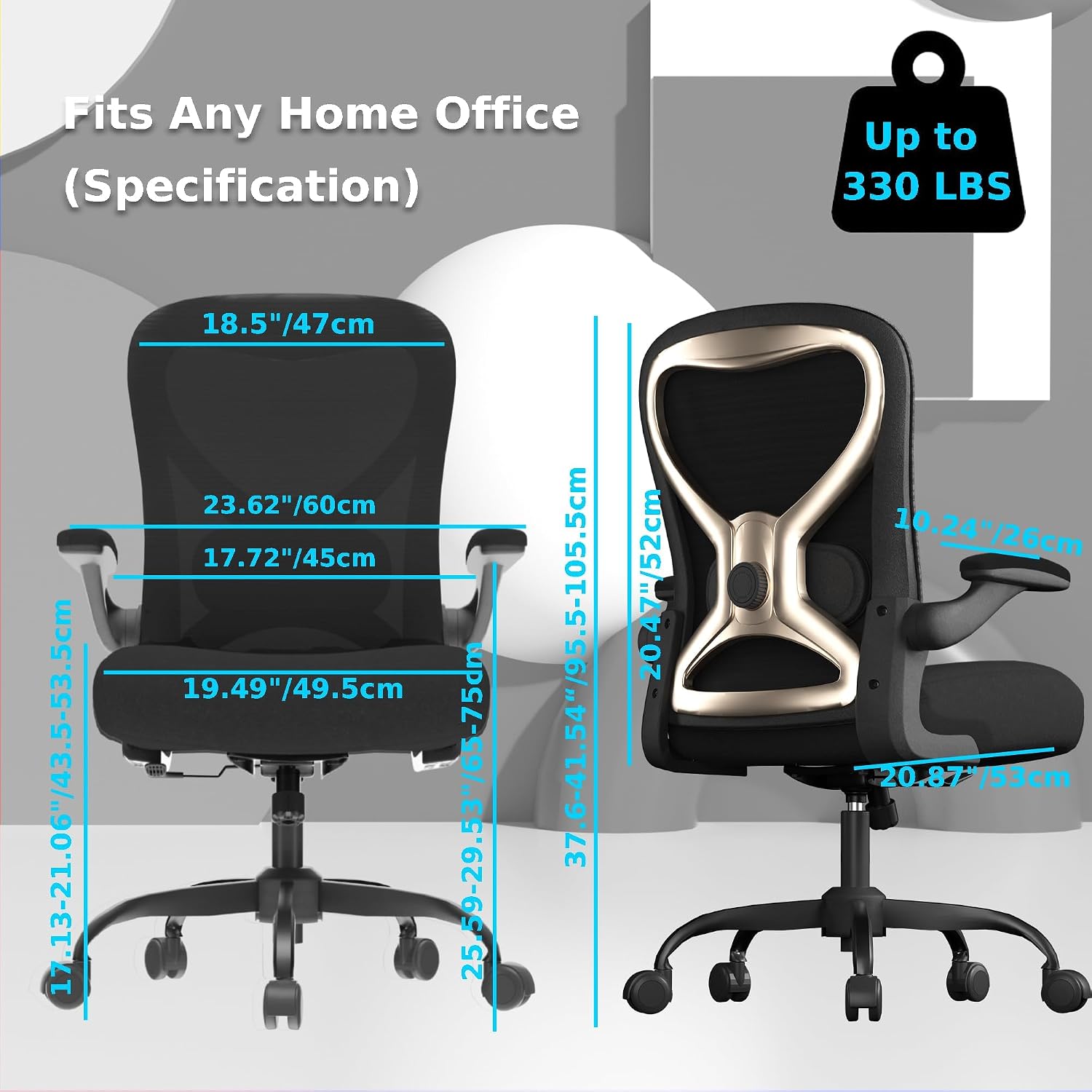 Ergonomic Home Office Chair, 4-Way Lumbar, Thick Cushion, 330LBS | Adjustable Lumbar (up/down/in/out), Rocking Mesh Back, Flip-up Arms, Easy Assembly, Ideal for home offices & small workspaces