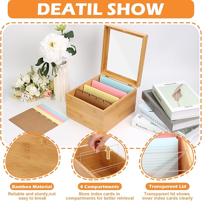 4x6 Index Card Holder with Dividers Bamboo Index Card Organizer Box 4 - Image 3