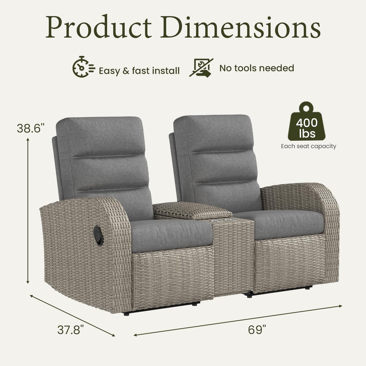 LayinSun Oversized Wicker Outdoor Recliner Lovseat with Adjustable Backrest &...