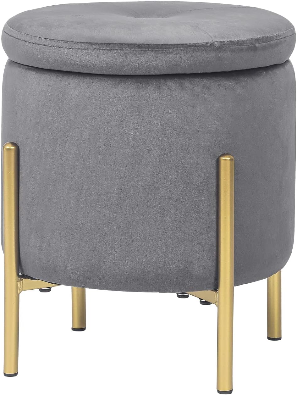 Adeco Upholstered Tufted Round Storage Ottomans, Grey Modern Velvet Footrest ...