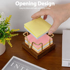 Walnut Wood Sticky Note Holder, 3 x 3 inch Self Stick Note Pad Holder, Post It Note Dispenser Desk Accessories for School and Office Desk Organizer, Gold