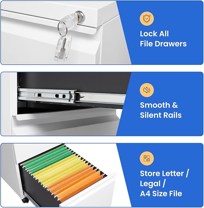 MIIIKO 2 Drawer File Cabinet on Wheels, Home Office Mobile File Drawers Under - Image 8
