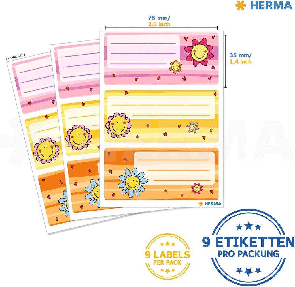 HERMA 5593 Book Labels for Writing Flower Faces 9 Pieces 76x35mm Self-Adhesive Lined Book Stickers for School Kids Girls Boys Multicoloured Notebook Labels Stickers Colourful