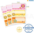 HERMA 5593 Book Labels for Writing Flower Faces 9 Pieces 76x35mm Self-Adhesive Lined Book Stickers for School Kids Girls Boys Multicoloured Notebook Labels Stickers Colourful
