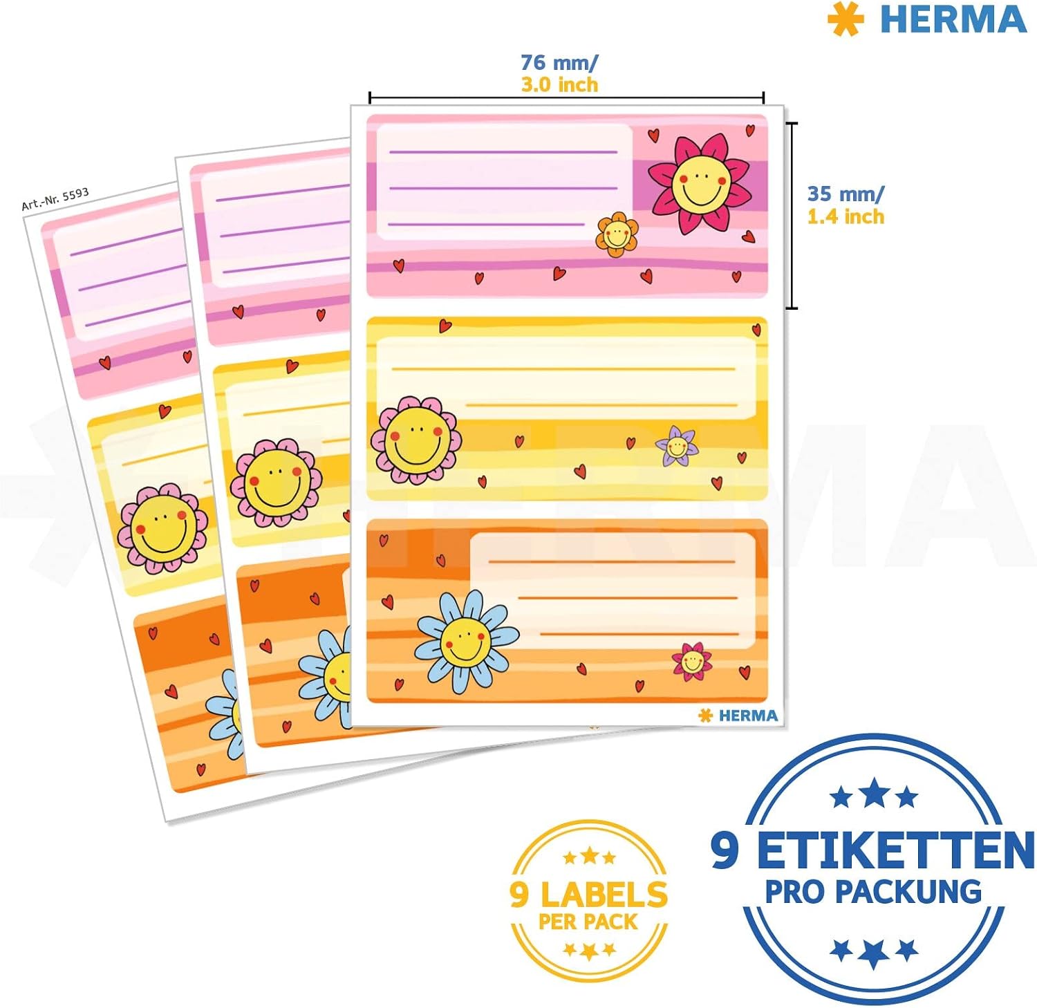 HERMA 5593 Book Labels for Writing Flower Faces 9 Pieces 76x35mm Self-Adhesive Lined Book Stickers for School Kids Girls Boys Multicoloured Notebook Labels Stickers Colourful
