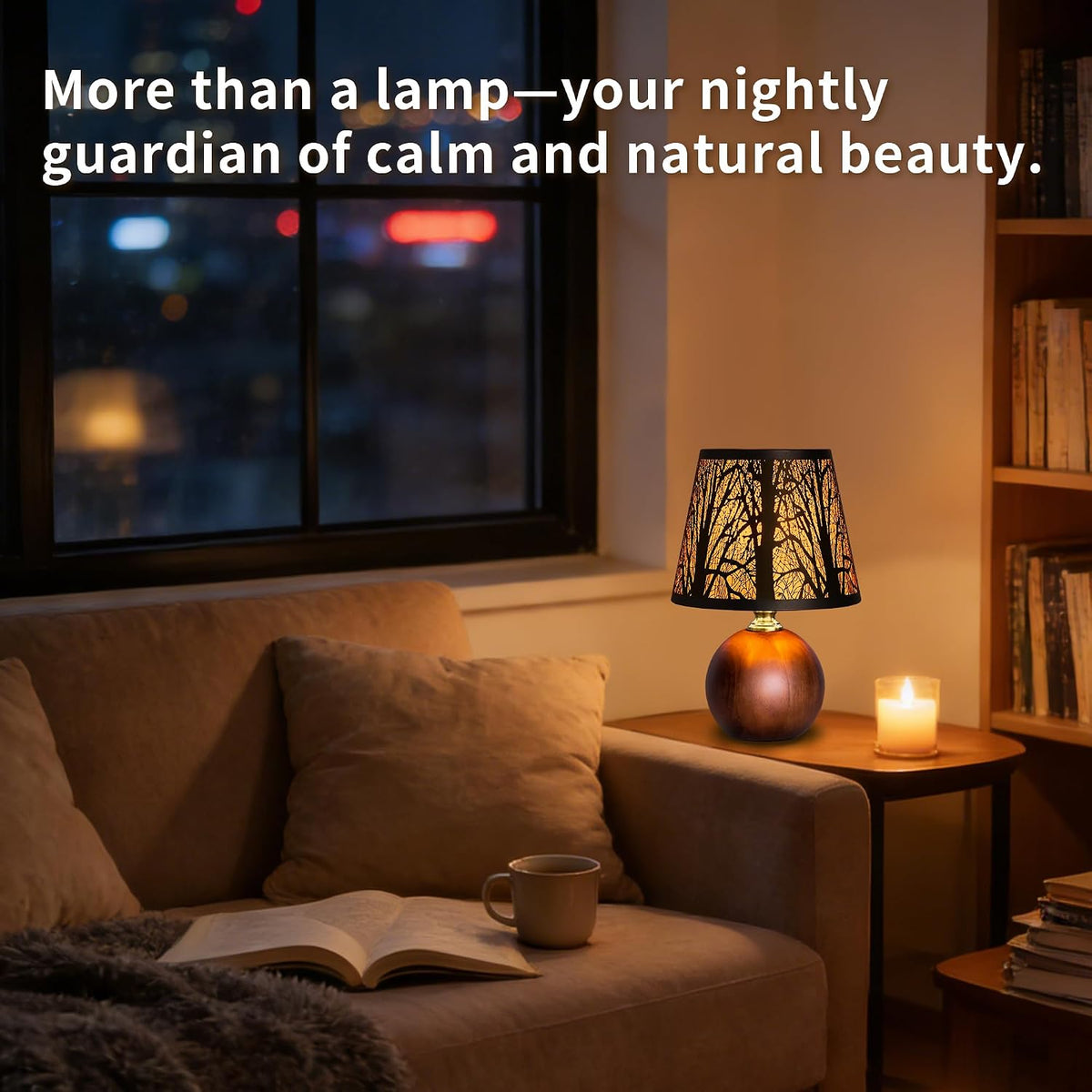 11.4" Rustic Solid Wood Small Table Lamp with Metal Forest Shade